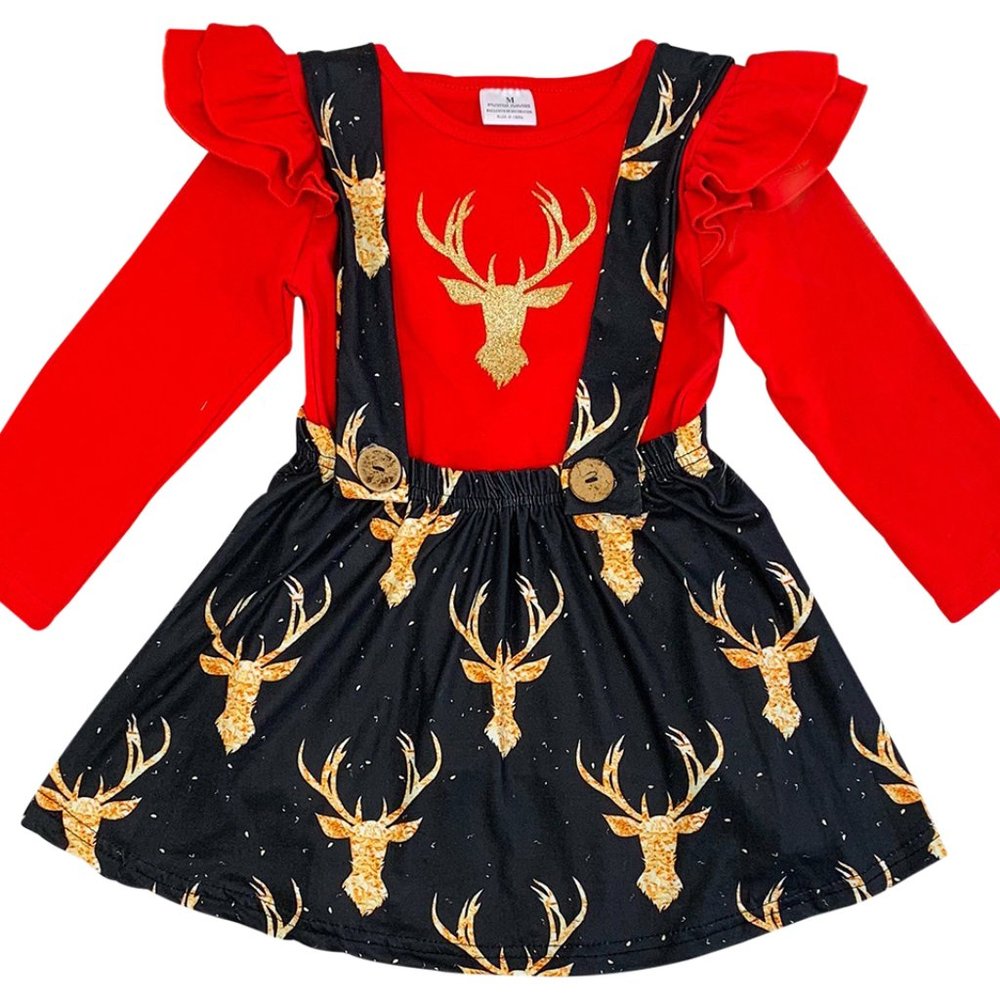 Little Girls 2 Pieces Skirt Set Reindeer Holiday T-Shirt Top Suspender Dress Set